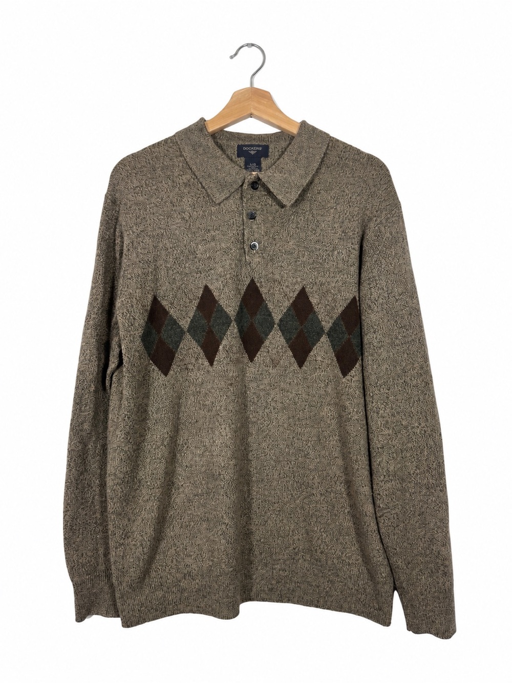 Dockers Men's Henley Sweater Knit Polo Size L Brown Grandpa Preppy Ivy League